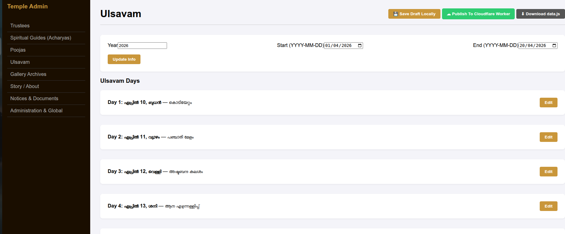 TempleDiary website admin panel screenshot
