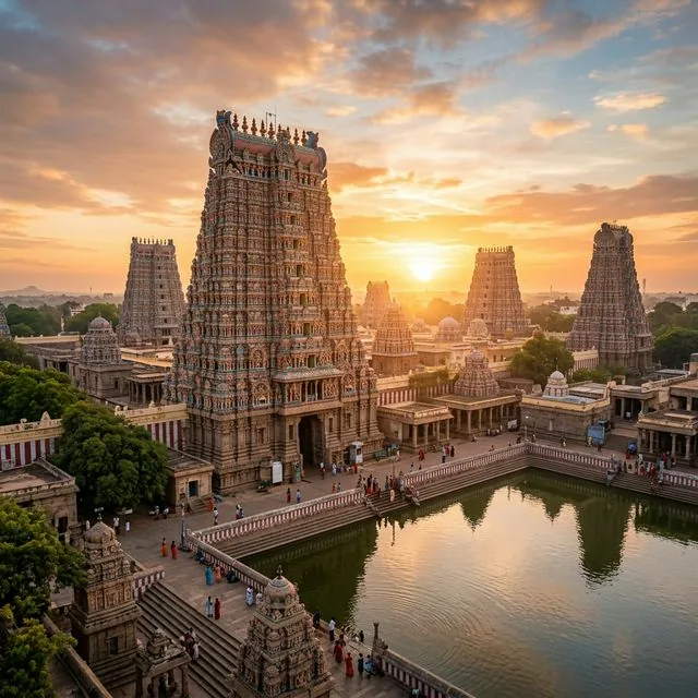 South Indian temple complex at sunrise